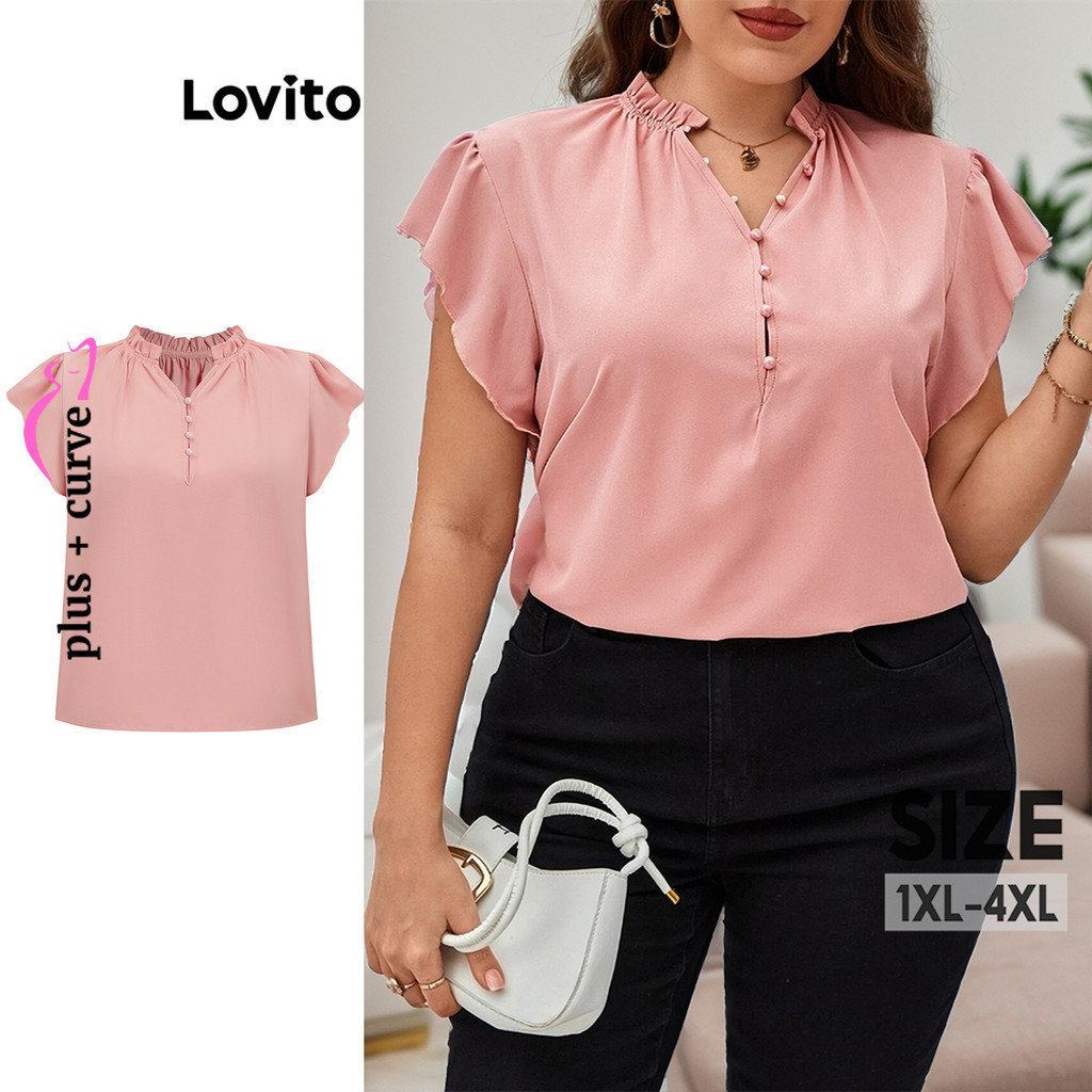 Lovito Plus Size Curve Elegant Plain Button Lettuce Trim Blouse For