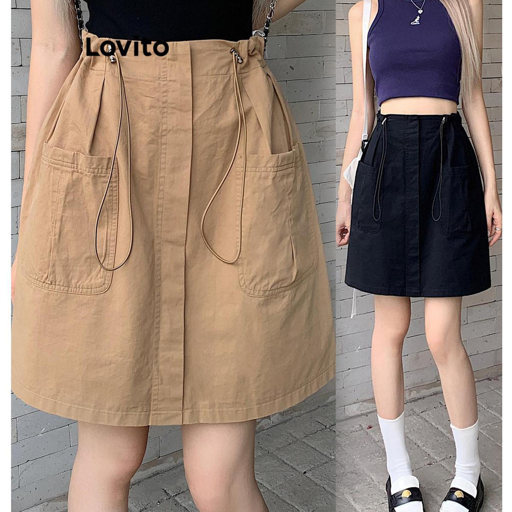 Lovito Casual Plain Pocket Pleated Skirts For Women LNA46319 Lovito Rok