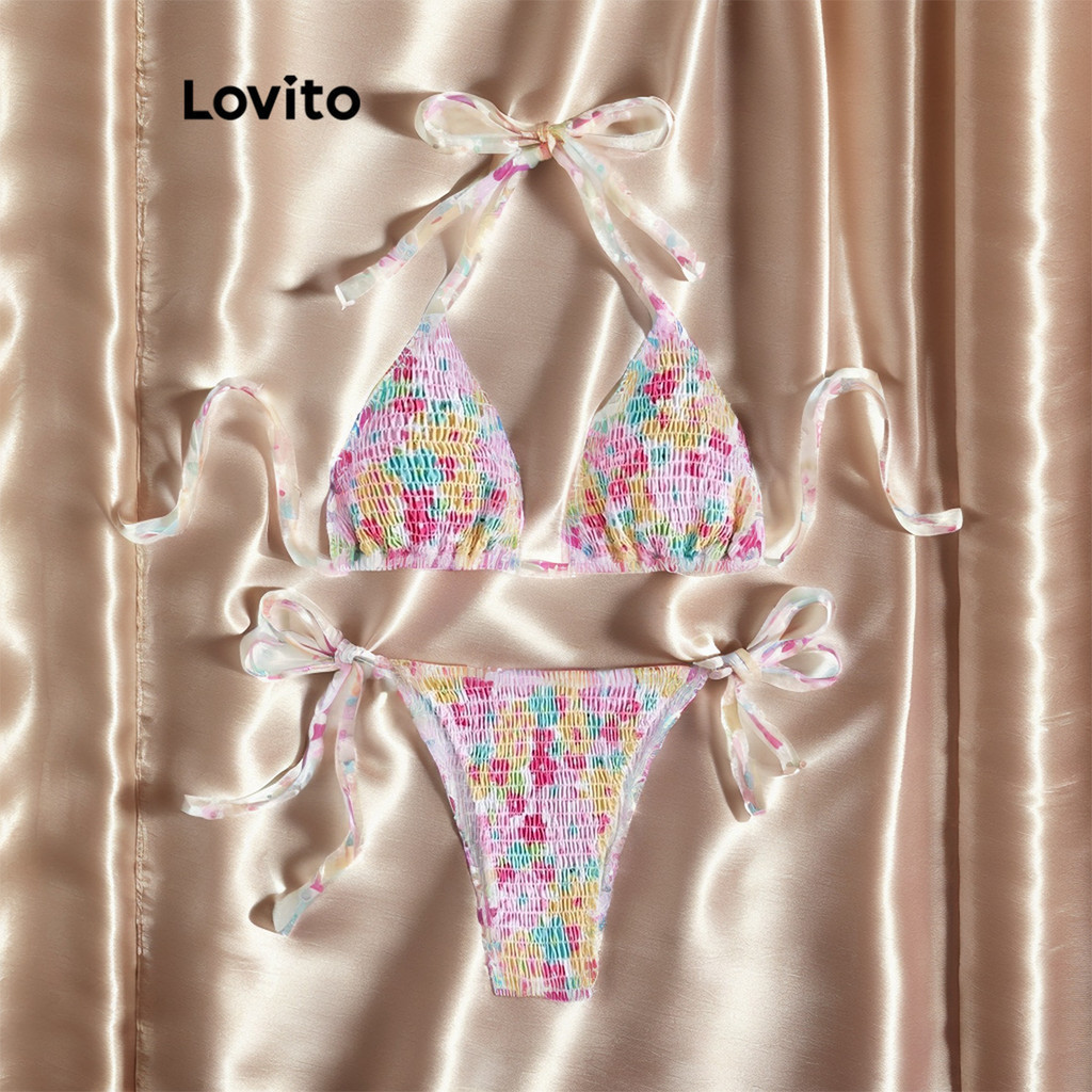 Lovito Elegant Ditsy Floral Smocked Lace Up Bikini Set For Women LNL Lovito Set Bikini
