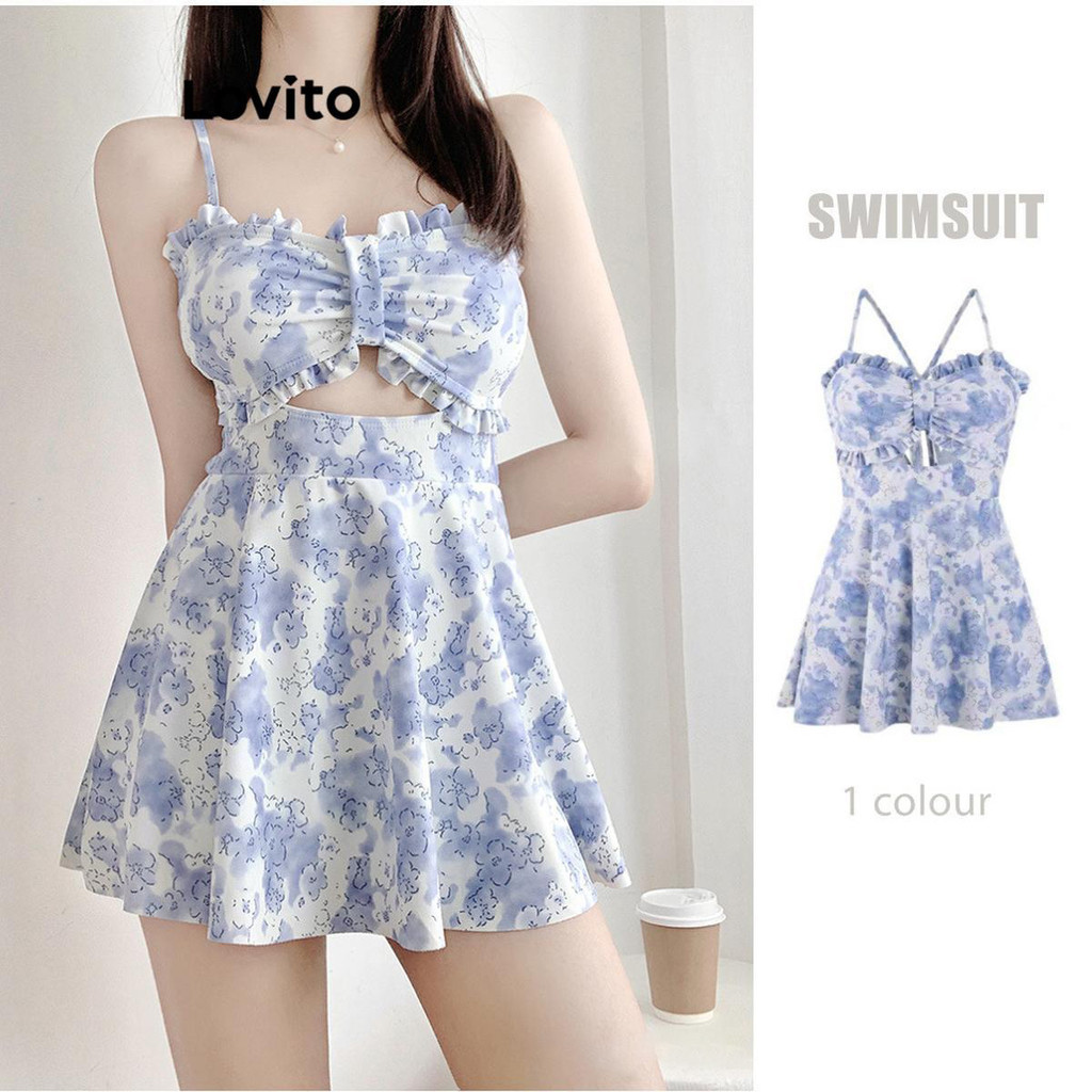 Lovito Casual Ditsy Floral Frill Cut Out One Pieces For Women Lna