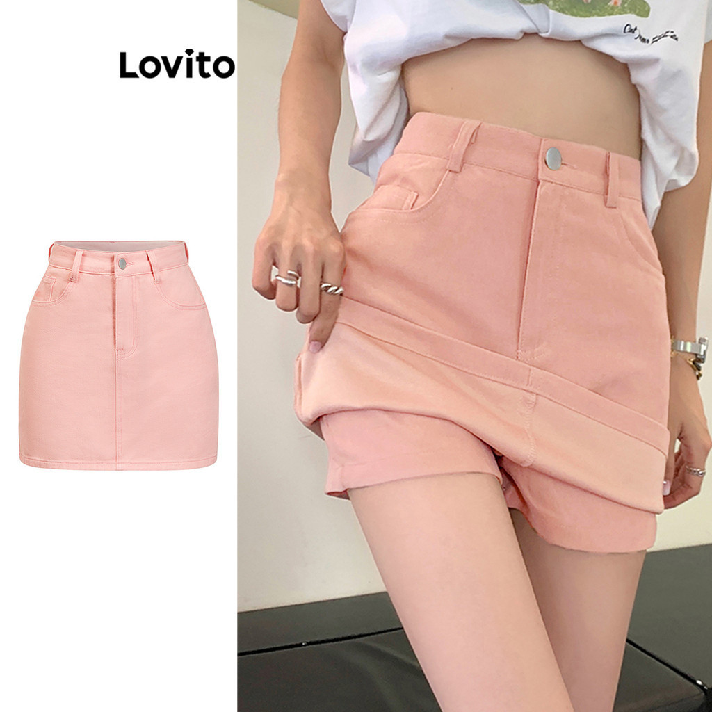 Lovito Casual Plain Pocket With Safety Shorts Denim Skirts For Women