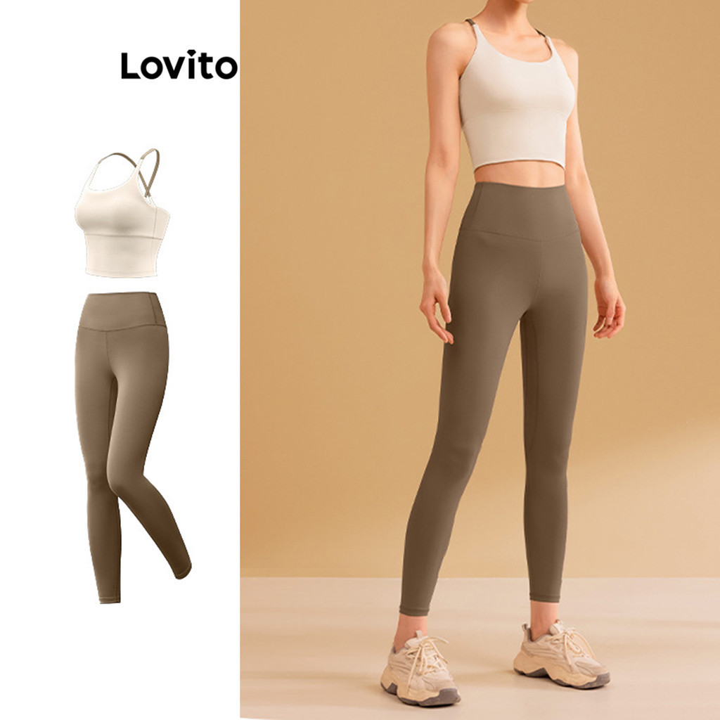 Lovito Sporty Plain Criss Cross Structure Line Sports Set For Women