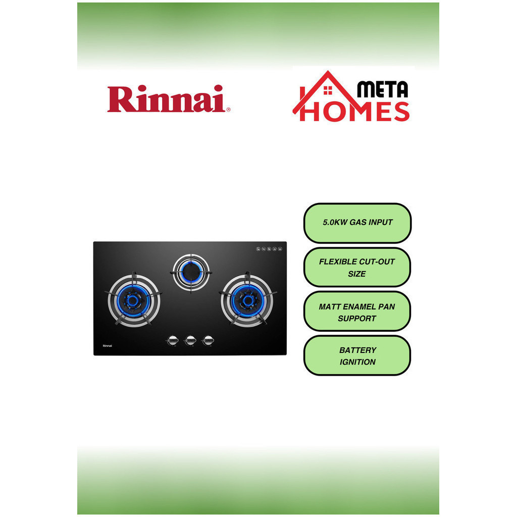 Rinnai 5 0kW 3 Burner Flexi Hob Built In Gas Hob Glass RB 983G