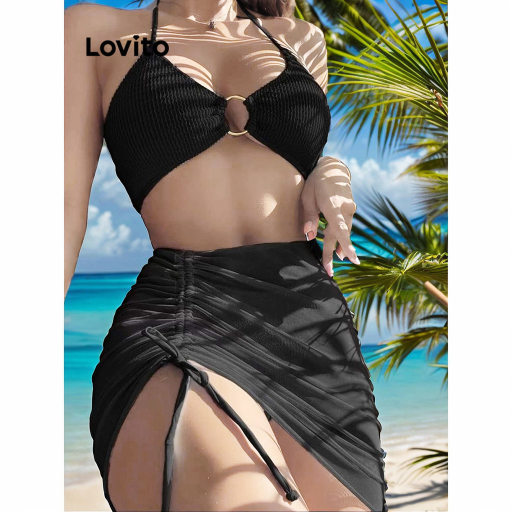 Lovito Sexy Plain Drawstring Bikini Sets For Women Lnl White Blue