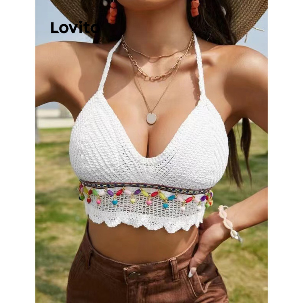 Lovito Sexy Plain Bikini Tops For Women Lnl White Lovito Atasan