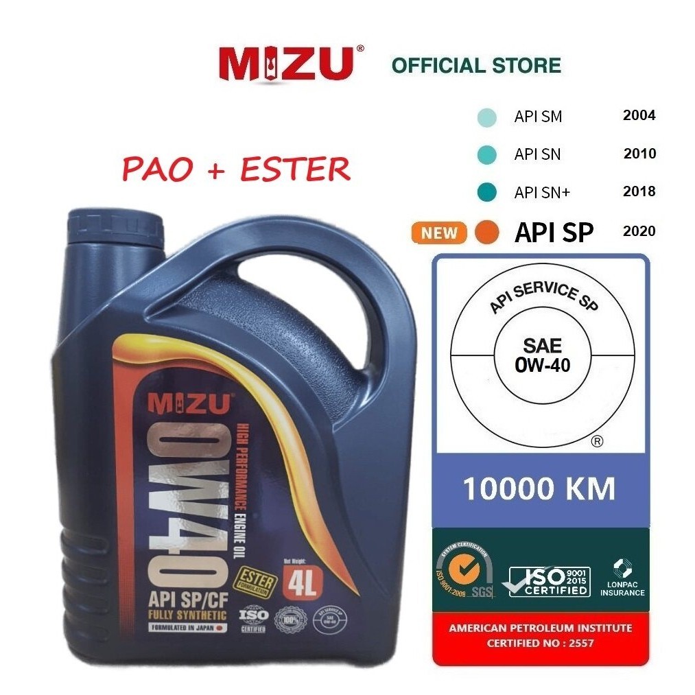 PAO ESTER MIZU 0W40 Fully Synthetic Engine Oil API Licensed 4L