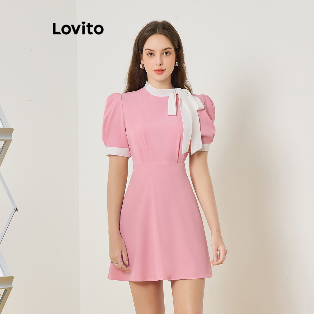 Lovito Casual Plain Bow Colorblock Dress For Women L Ed Lovito Gaun