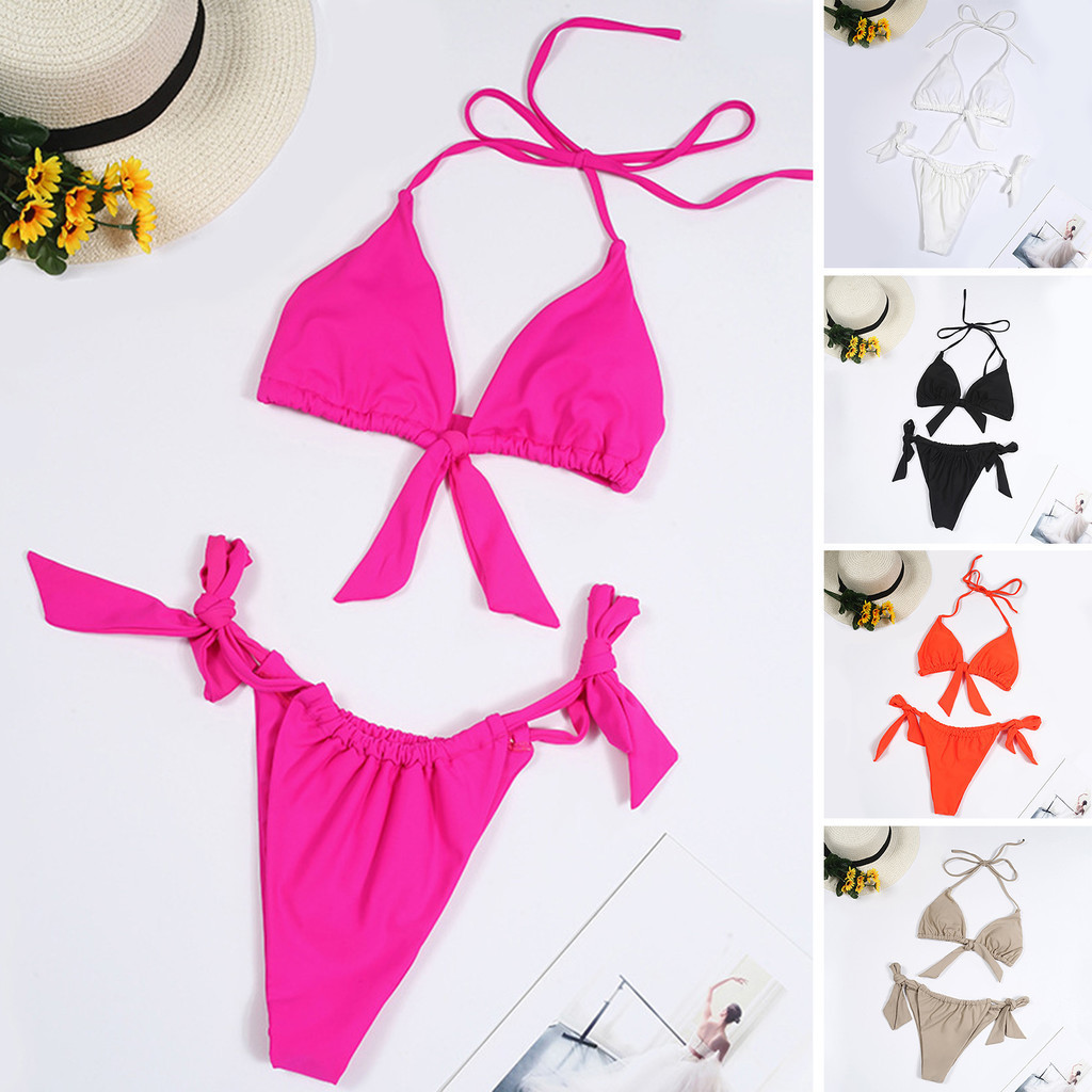 Swimsuit Bikini Padded Solid Color Bikini Set Two Pieces Lace Up Halter