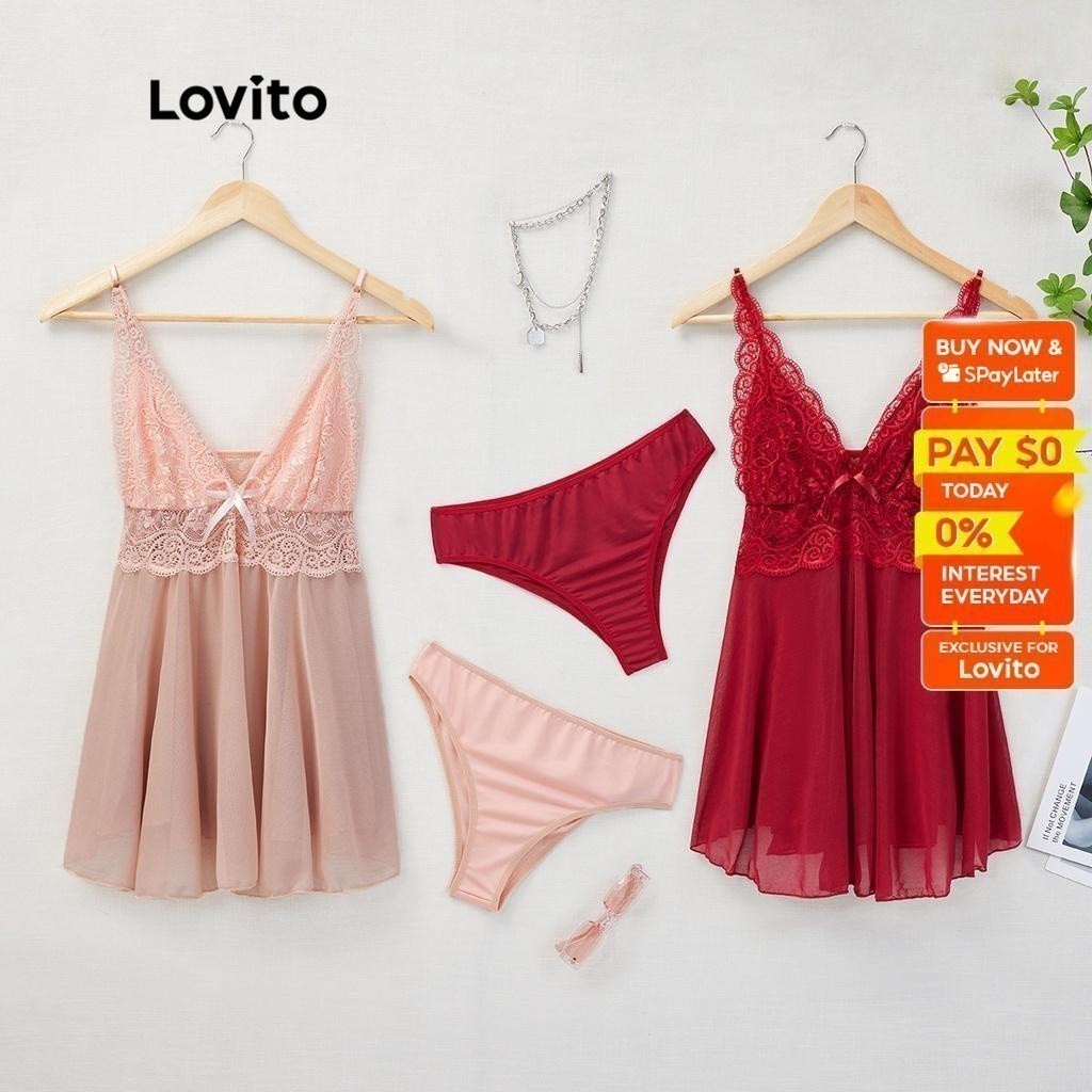 Lovito Sexy Lace High Waist Deep V Neck Nighties Sleepwear Lingerie Set