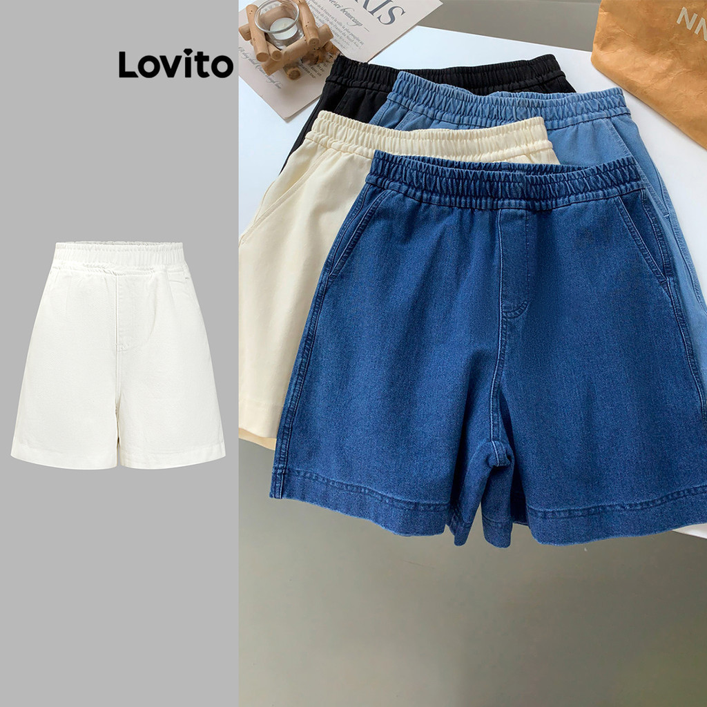 Lovito Casual Plain Lace Up Denim Shorts For Women LNE17228 Multi