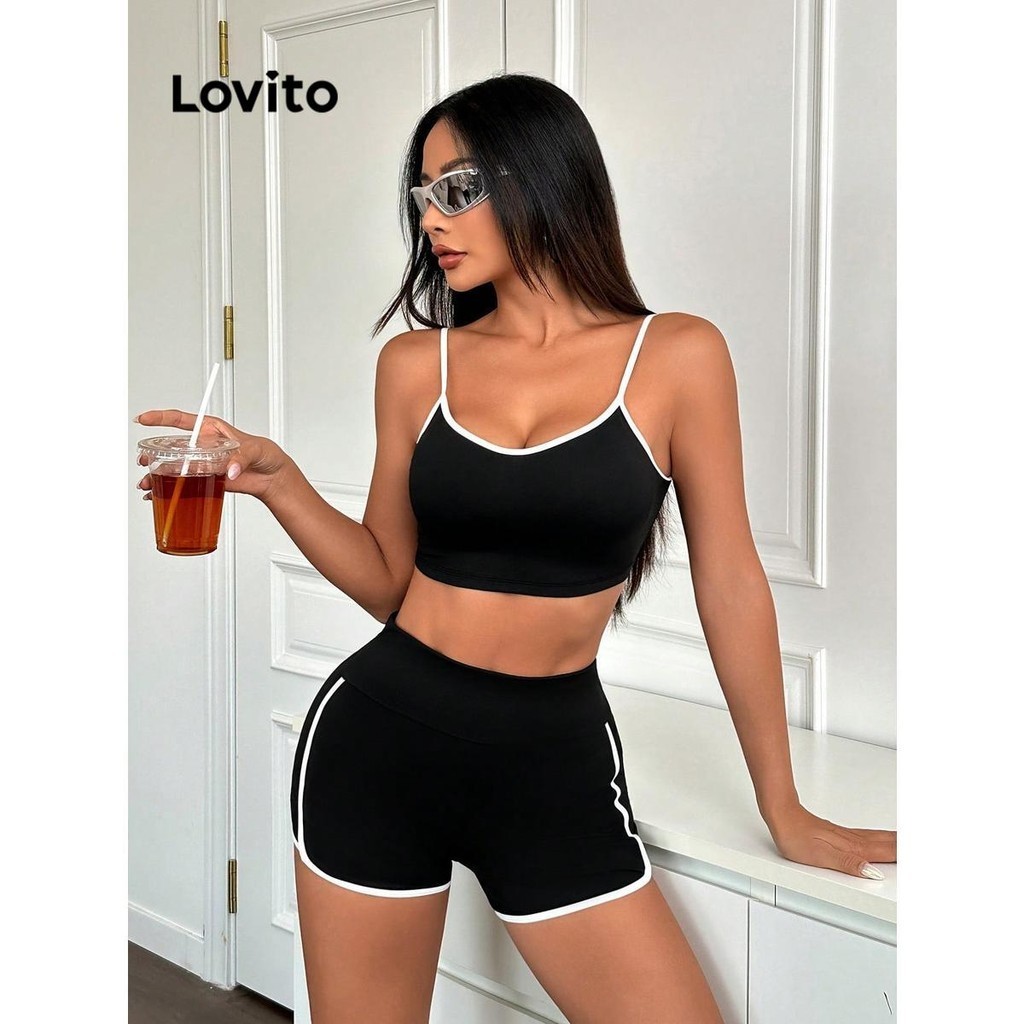 Lovito Sporty Plain Contrast Binding Sports Set For Women Lnl