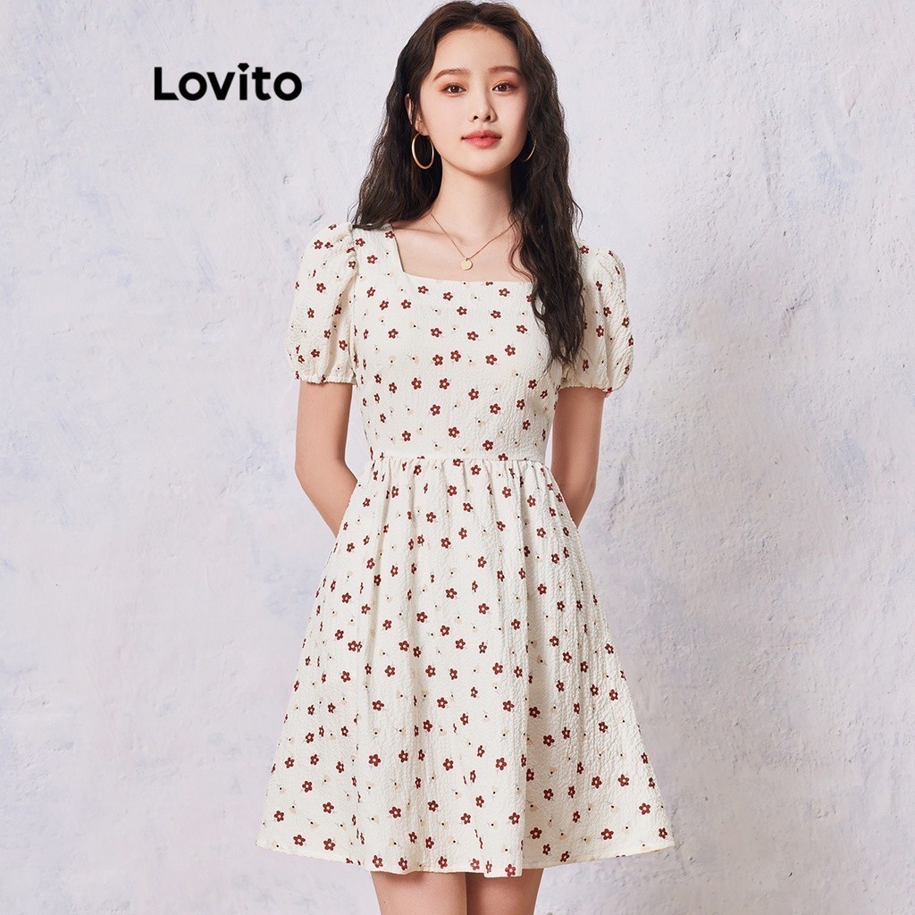 Lovito Casual Ditsy Floral Square Neck Puff Sleeve Dress For Women