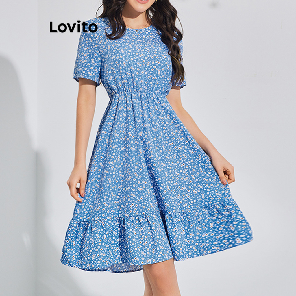 Lovito Boho Ditsy Floral Ruched Ruffle Hem Dress For Women Lbl