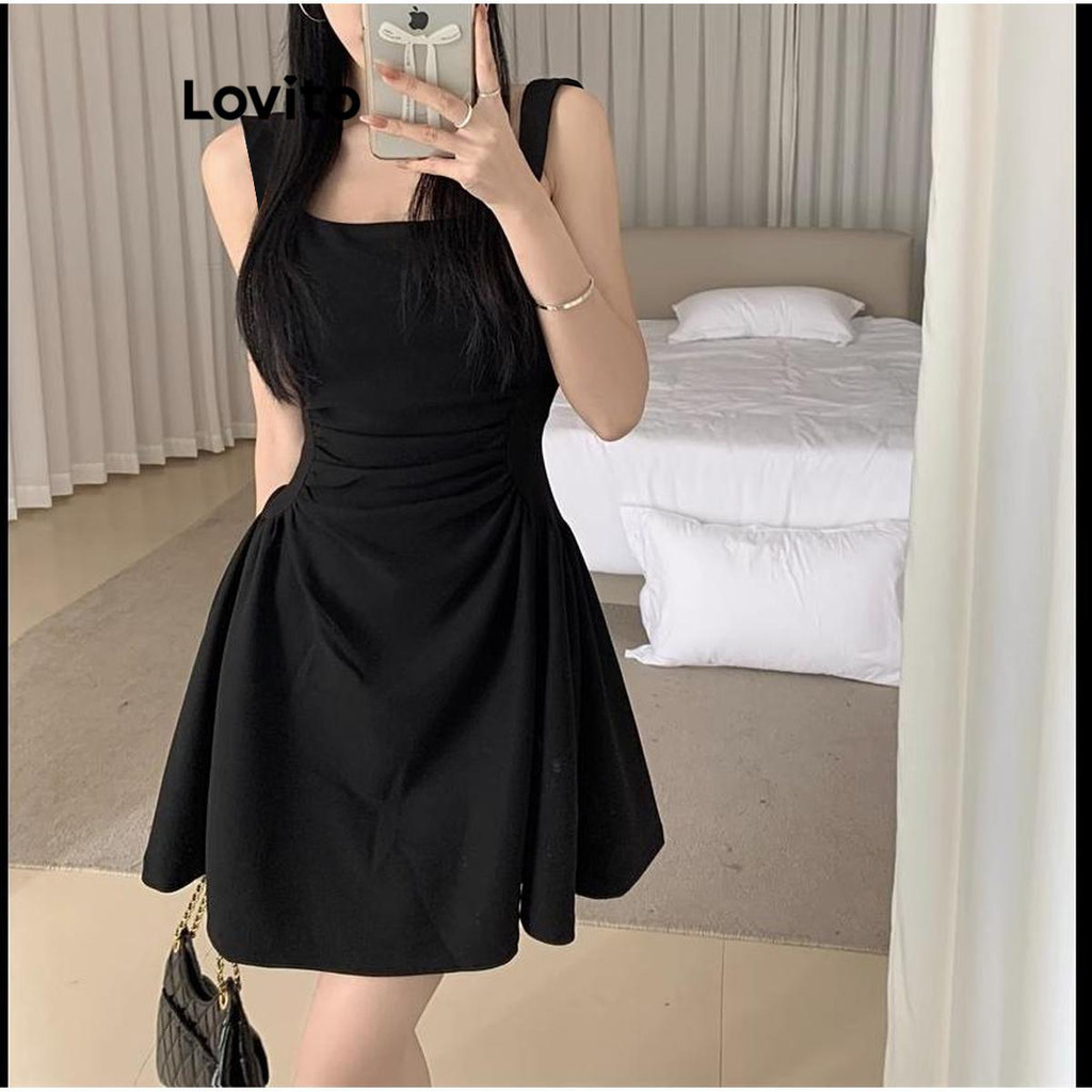 Lovito Casual Plain Pleated Dress For Women LNA51076 Lovito Gaun Lipit