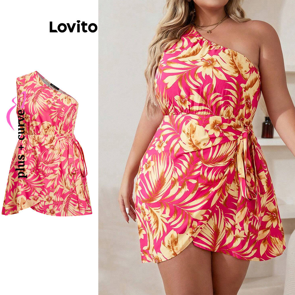 Lovito Plus Size Curve Boho Tropical Asymmetrical Wrap Dress For Women