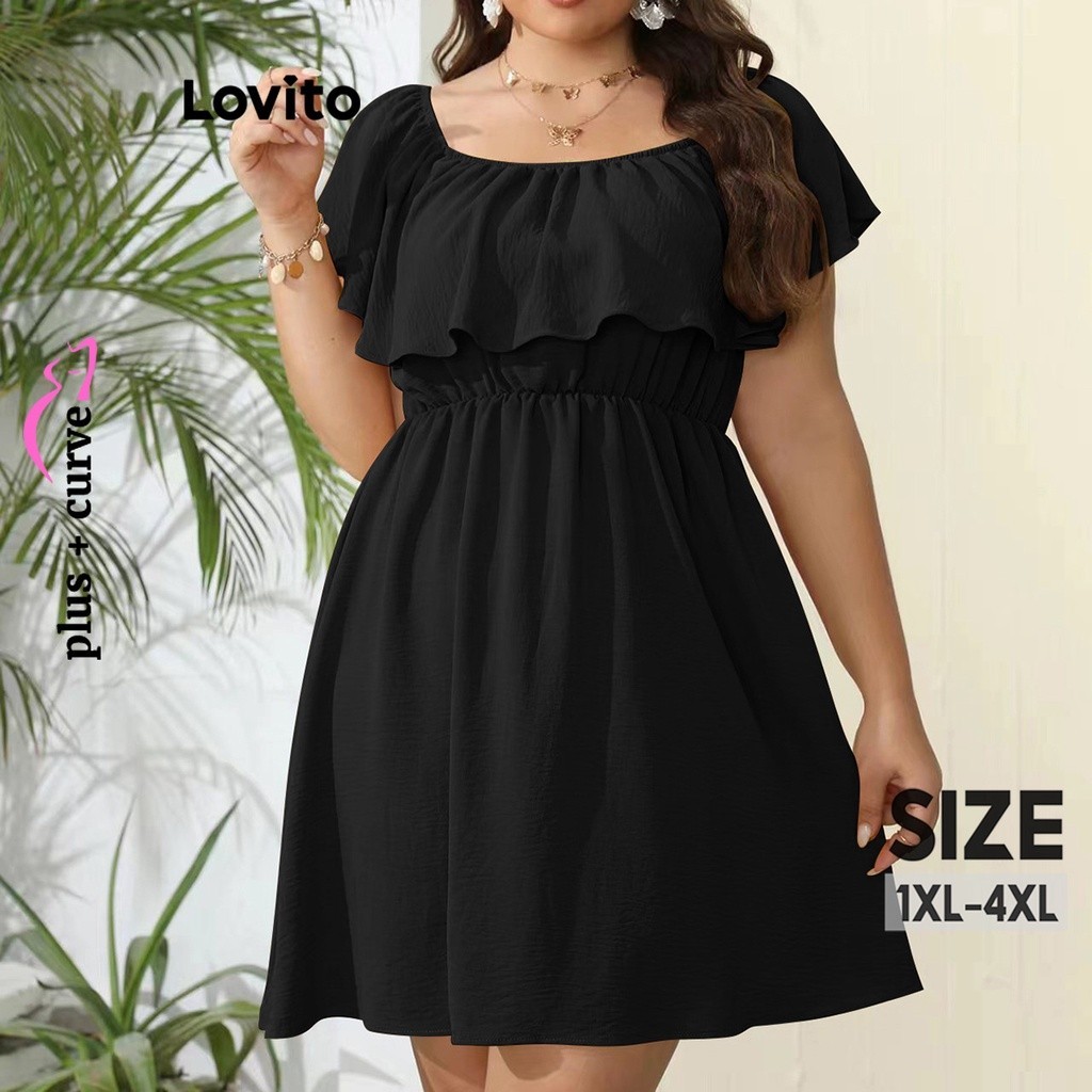 Lovito Plus Size Curve Elegant Plain Double Layer Dress For Women