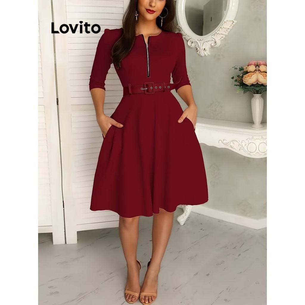 Lovito Elegant Plain Zipper Dress For Women Lnl Lovito Gaun