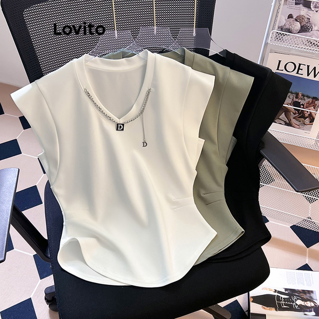 Lovito Casual Plain Basic T Shirt For Women Lne White Green Black