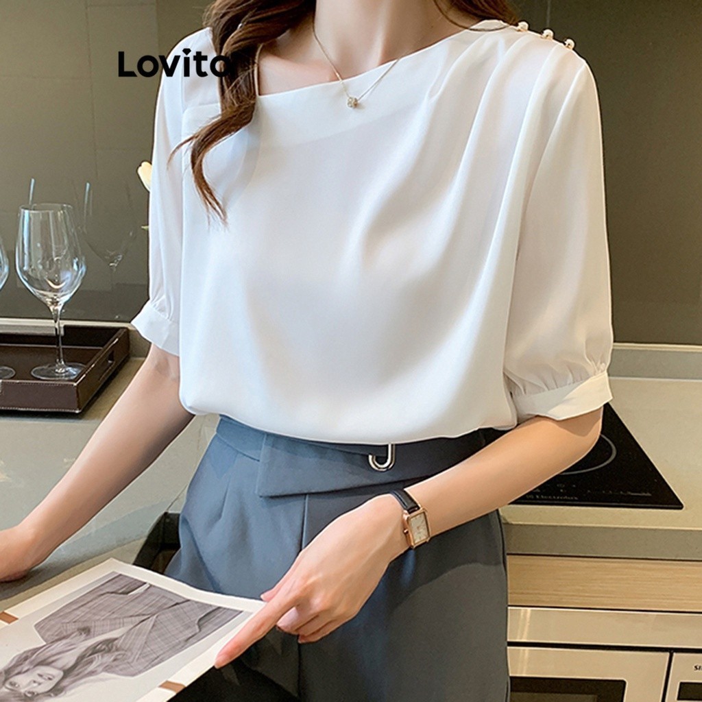 Lovito Elegant Plain Button Asymmetrical Blouse For Women Lna