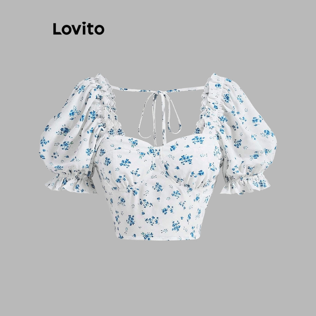 Lovito Casual Ditsy Floral Lettuce Trim Puff Sleeve Blouse For Women