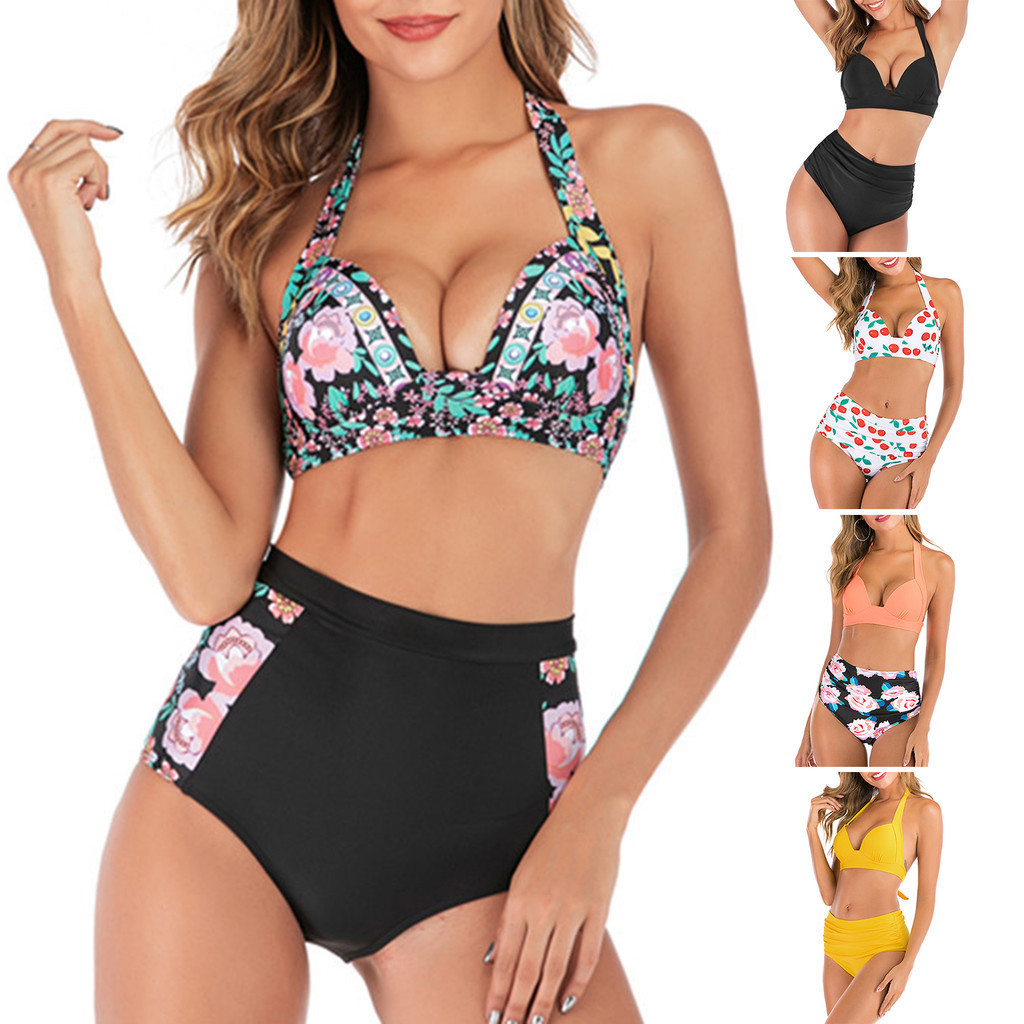 Swimsuit Bikini Padded Wire Free Beach Bikini Set Two Piece Halter Bra