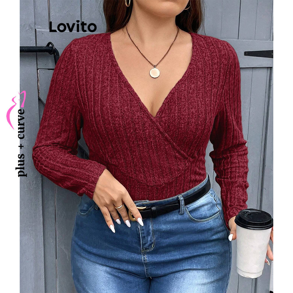 Lovito Plus Size Curve Casual Plain Wrap Fabric Stitching T Shirt For