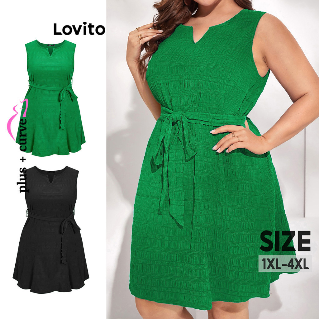 Lovito Plus Size Curve Boho Plain Belted Jacquard Dress For Women