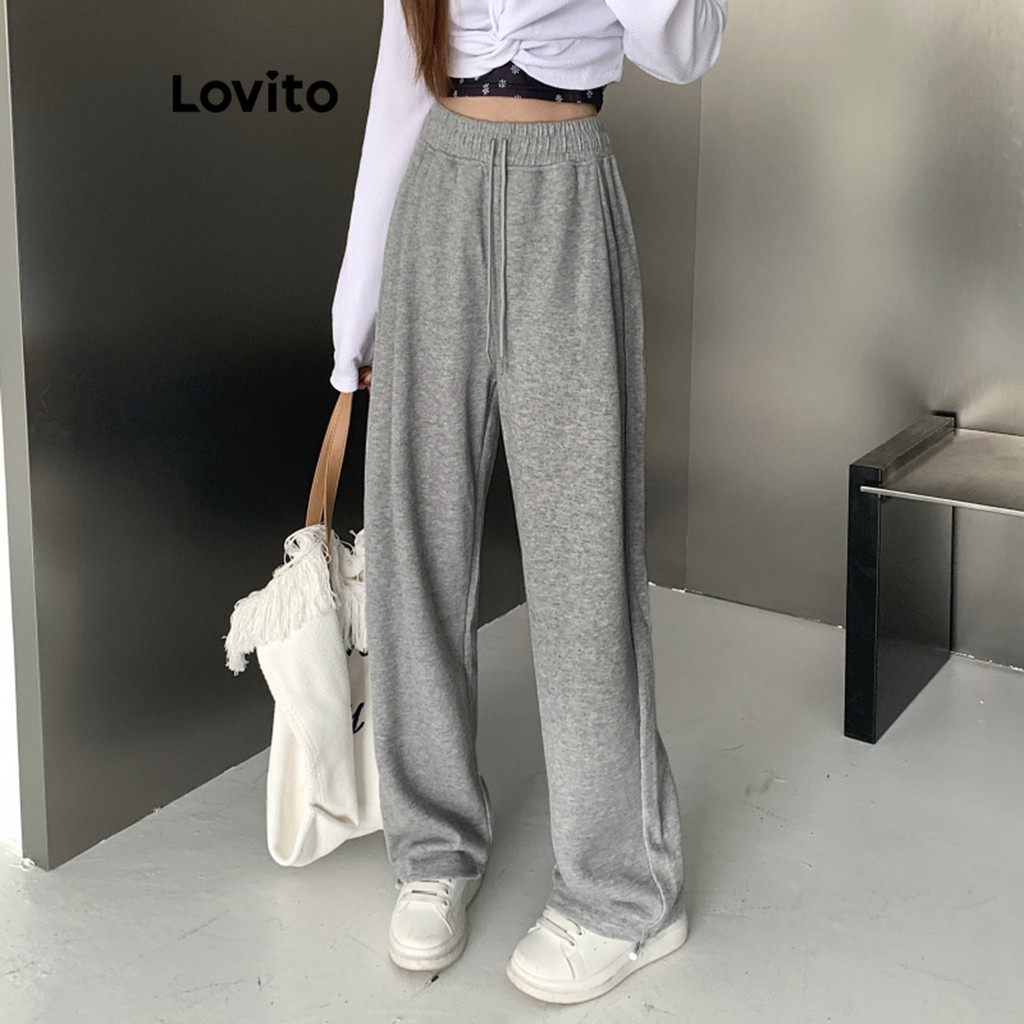 Lovito Casual Plain Drawstring Pants For Women Lna Light Grey