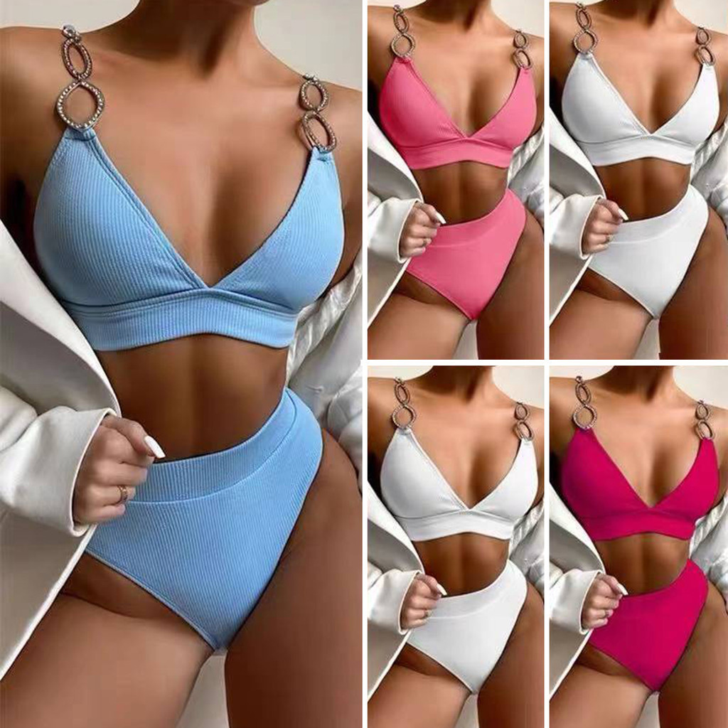 Swimsuit Bikini 2 Pcs Set Bikini Set Solid Color Three Point Metal