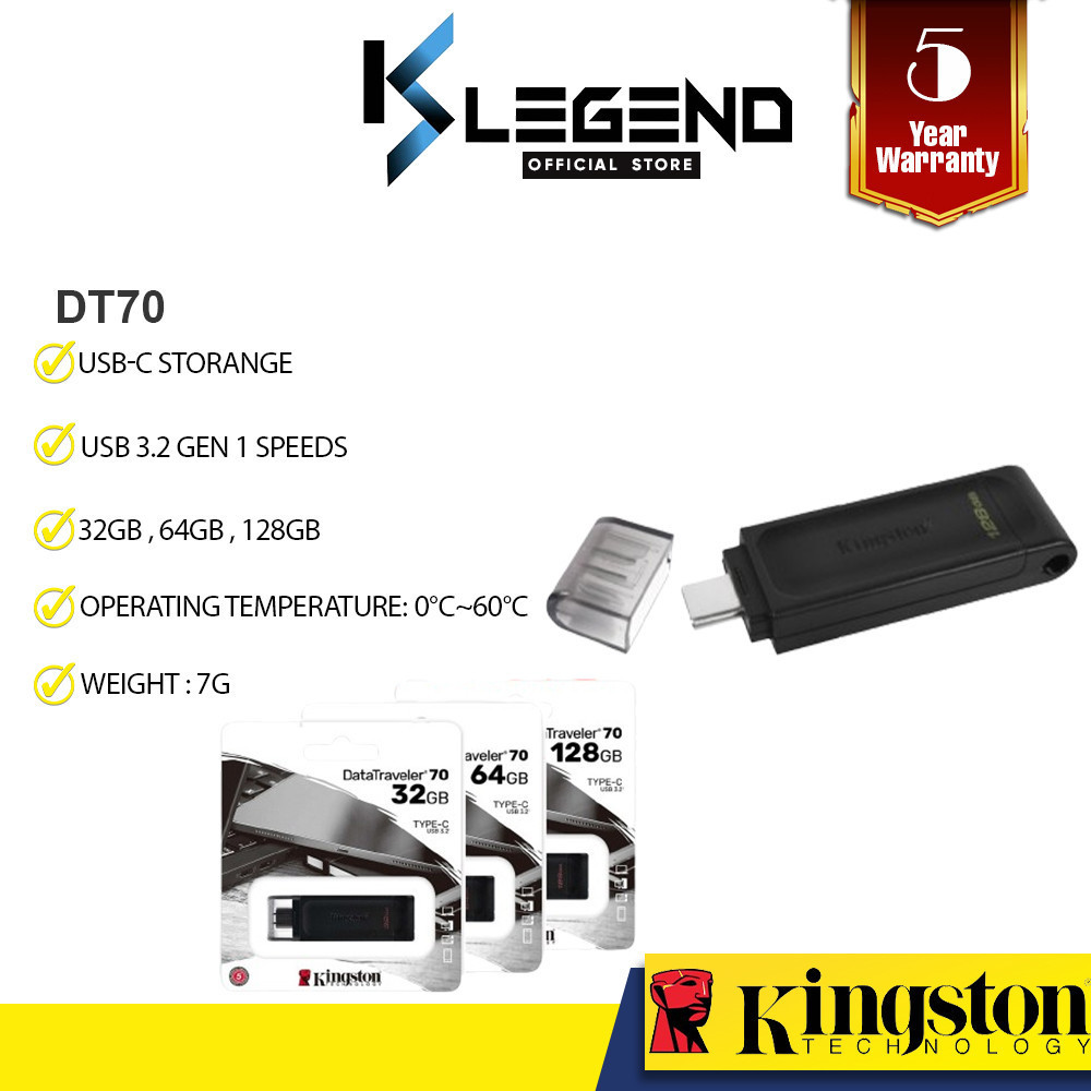 Kingston DataTraveler 70 DT70 USB C Flash Drive 128GB 64GB 32GB