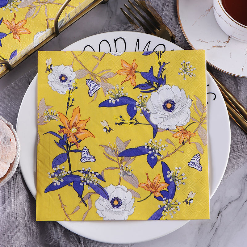 Bag Pcs Yellow Flower Tableware Printed Feature Rose Paper Napkins