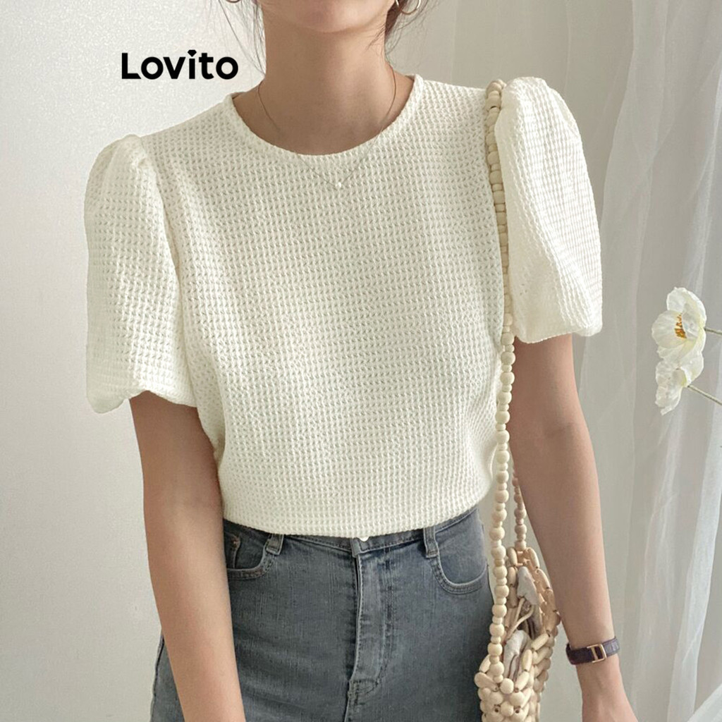 Lovito Elegant Plain Waffle Knit Puff Sleeve Blouse For Women