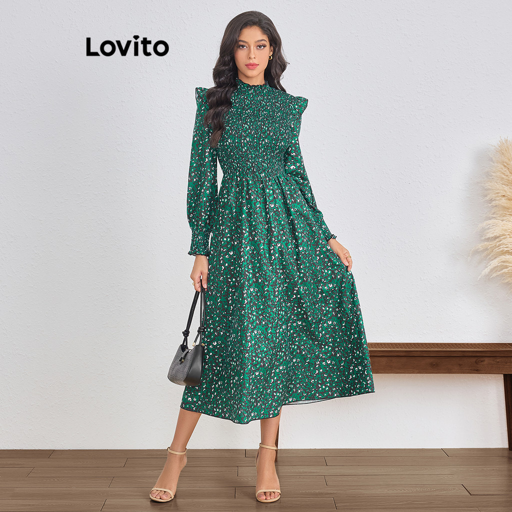 Lovito Casual Ditsy Floral Ruffle Smocked Dress For Women Lbl