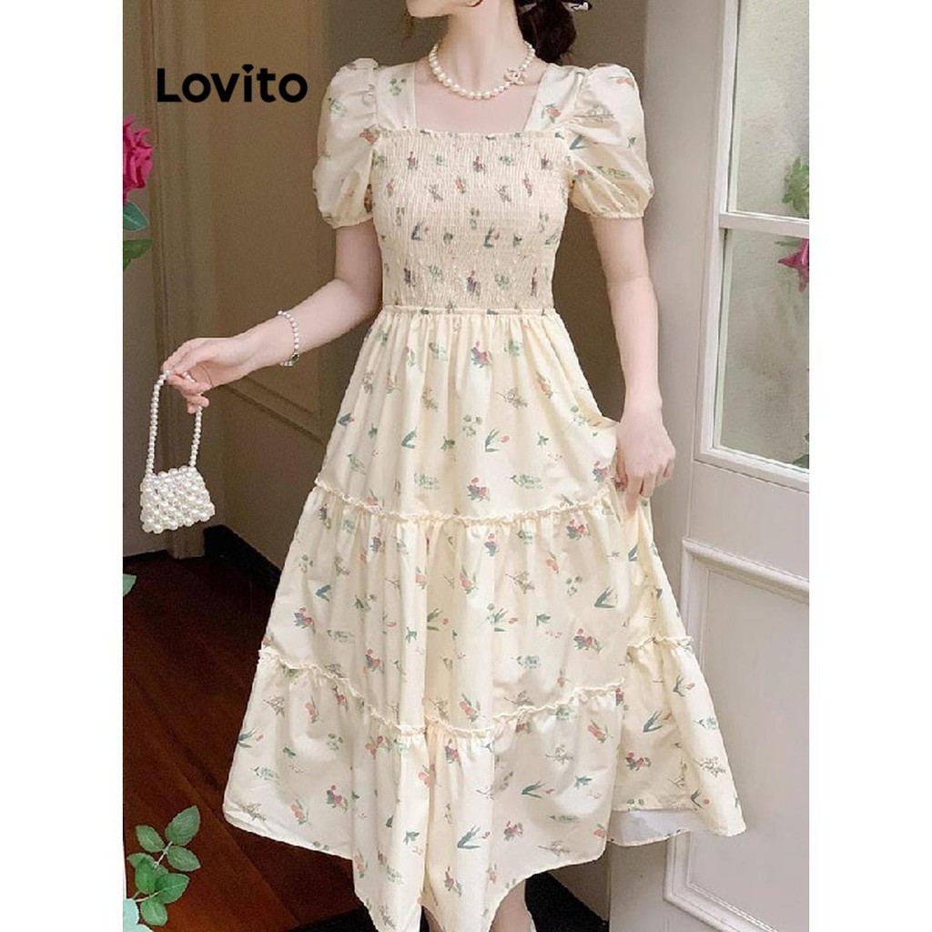 Lovito Casual Ditsy Floral Smocked Dress For Women LNA61211 Lovito Gaun