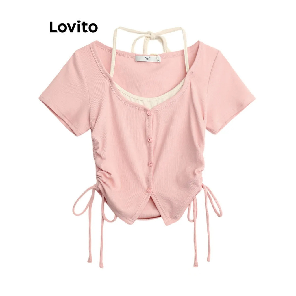 Lovito Casual Plain Fake 2 In 1 Drawstring Fabric Stitching T Shirt For