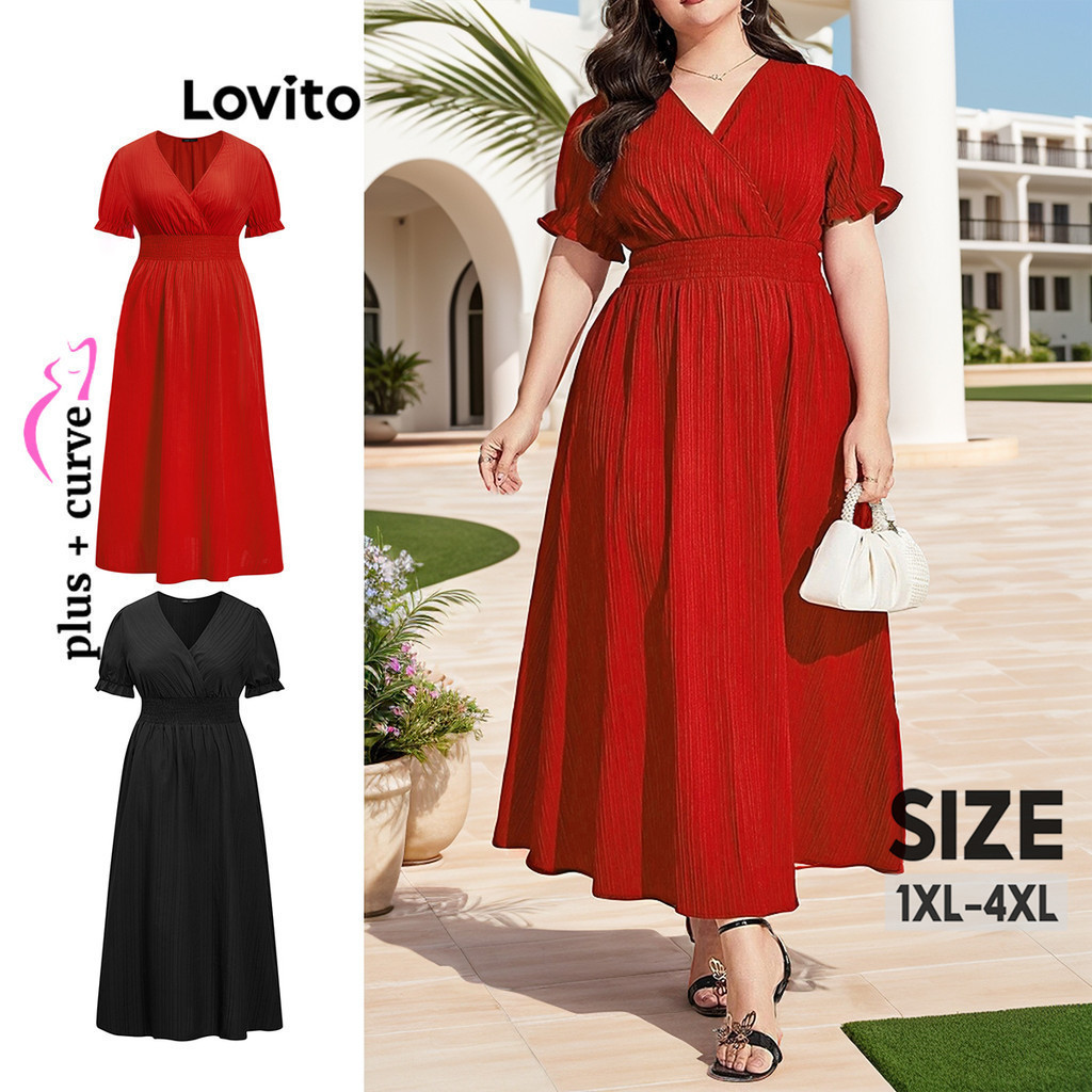 Lovito Plus Size Curve Elegant Plain Smocked Lettuce Trim Dress For