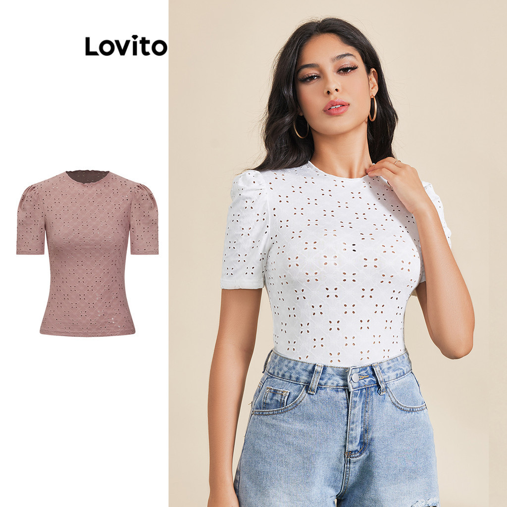 Lovito Elegant Ditsy Floral Lettuce Trim Puff Sleeve T Shirt For Women