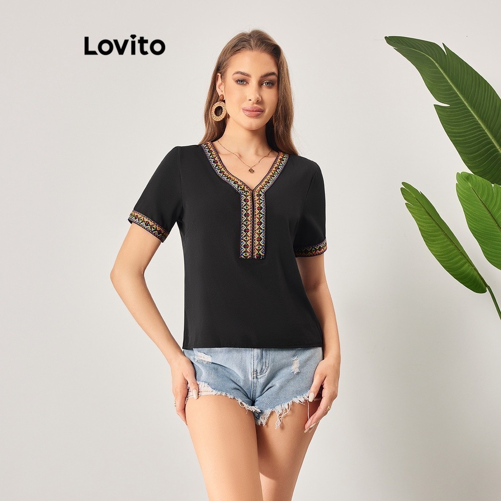 Lovito Boho Geometric Contrast Tape Contrast Binding Blouse For Women