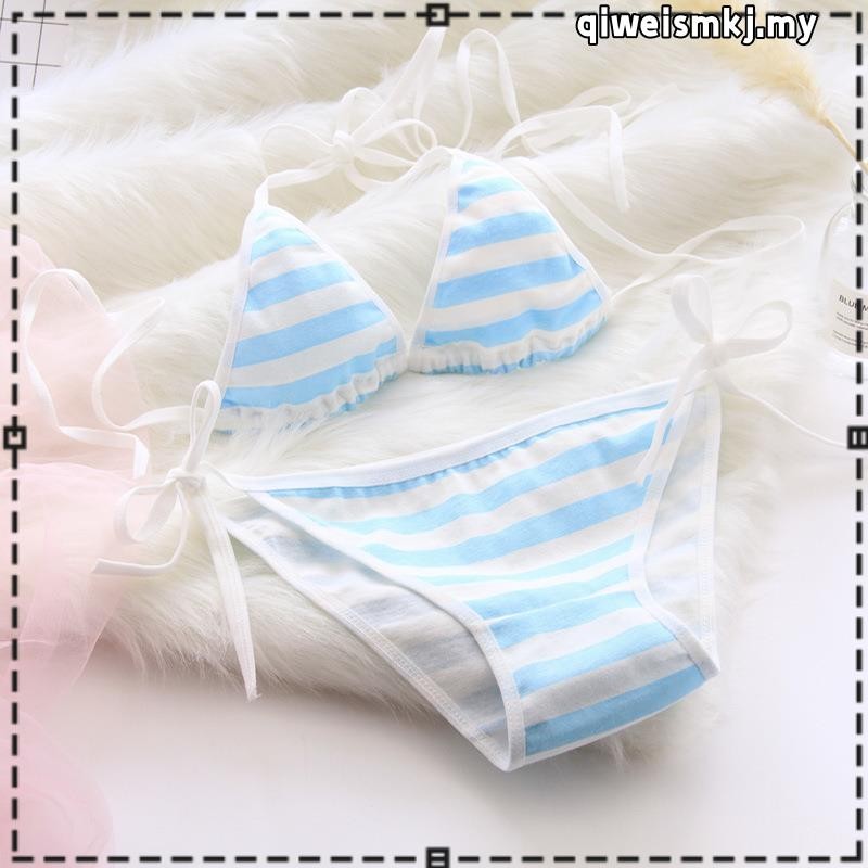 Women Sexy Lingerie Lace Up Straps Cosplay Blue And White Striped Bra
