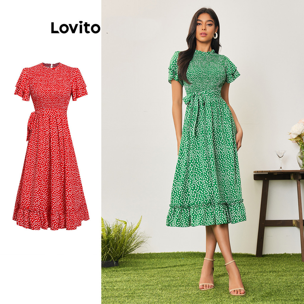 Lovito Boho Polka Dot Lace Up Dress For Women Lba Green Lovito