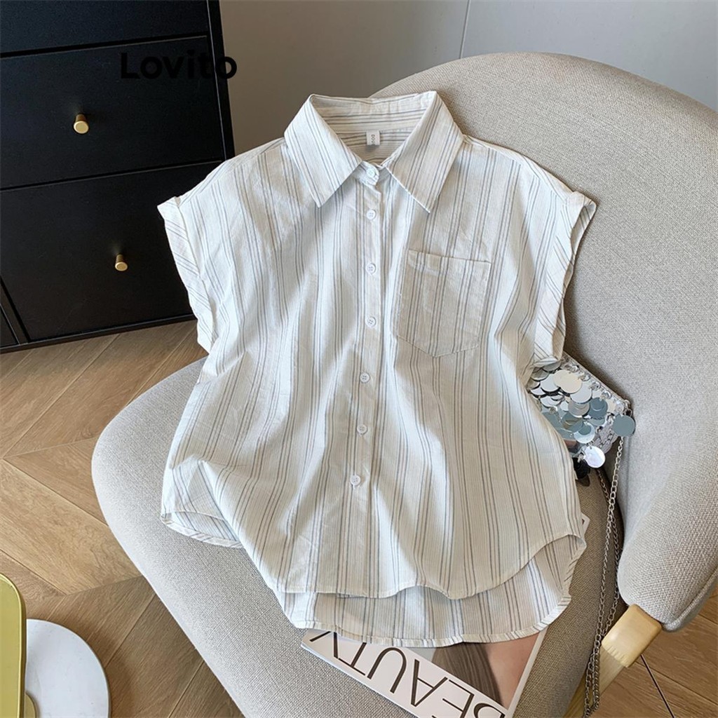 Lovito Casual Striped Button Front Pattern Blouse For Women Lne