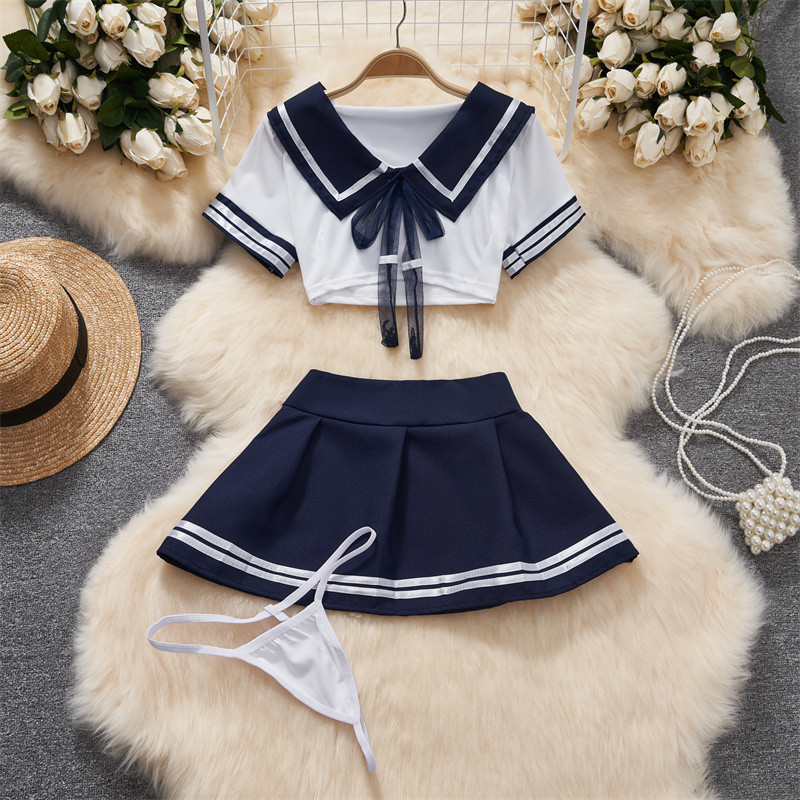 Preppy Sailor Suit Contrast Lace Up Bow Stripe Crop Top Pleat Mini Skirt Sexy Erotic Lingerie