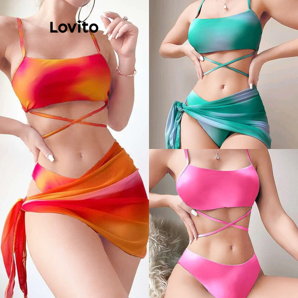 Lovito Sexy Tie Dye Lace Up Bikini Sets For Women LNL Orange Hot