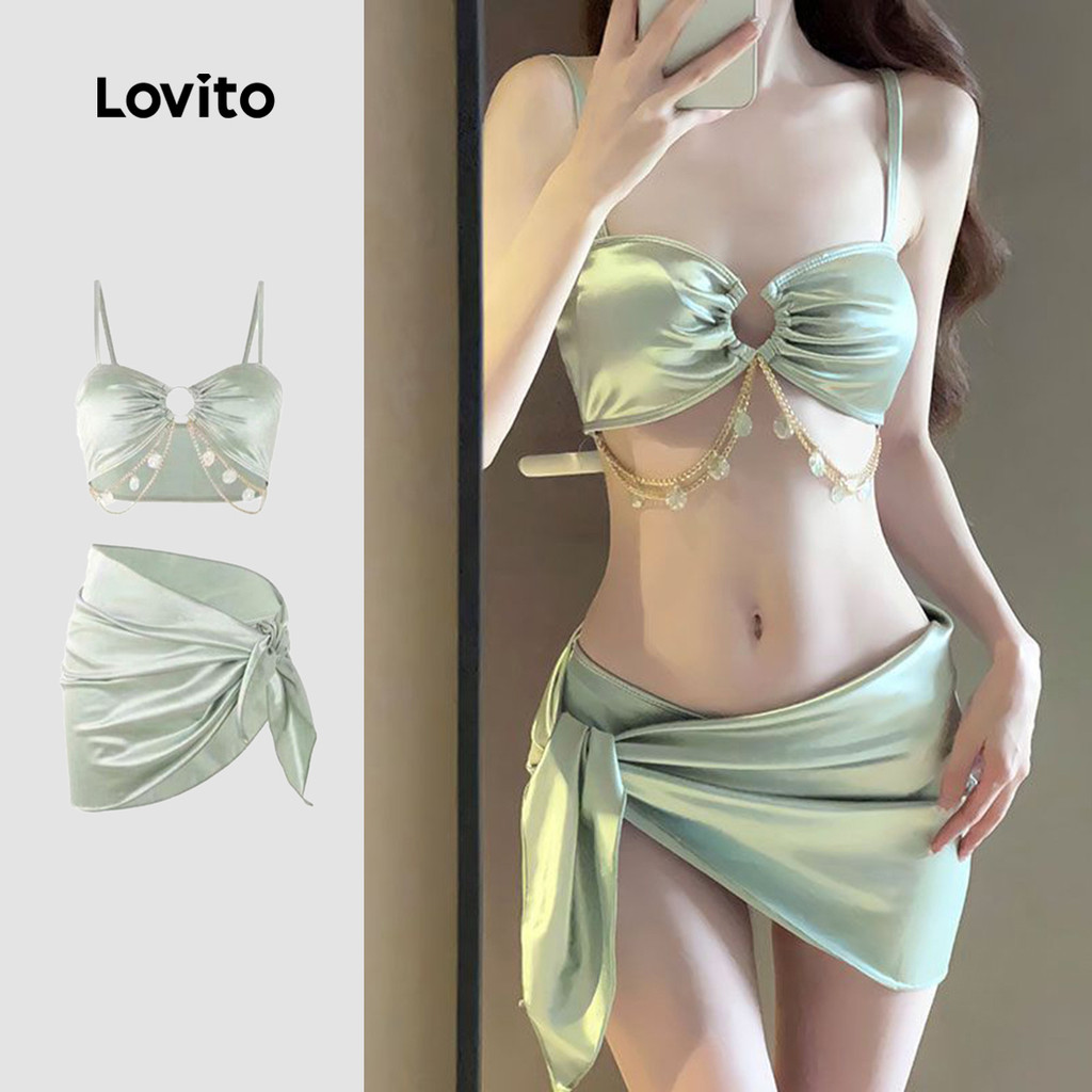 Lovito Casual Plain Metal Buckle Bikini Sets For Women LNA