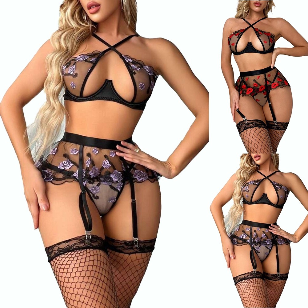 Ready Stock Womens Sexy Lace Lingerie Bra Suspender Belt Thong Set