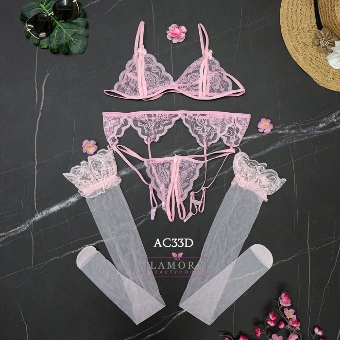 Sexy Lingerie Stockings Sexy CD BH BRA Set Pink Lace Thigh Belt