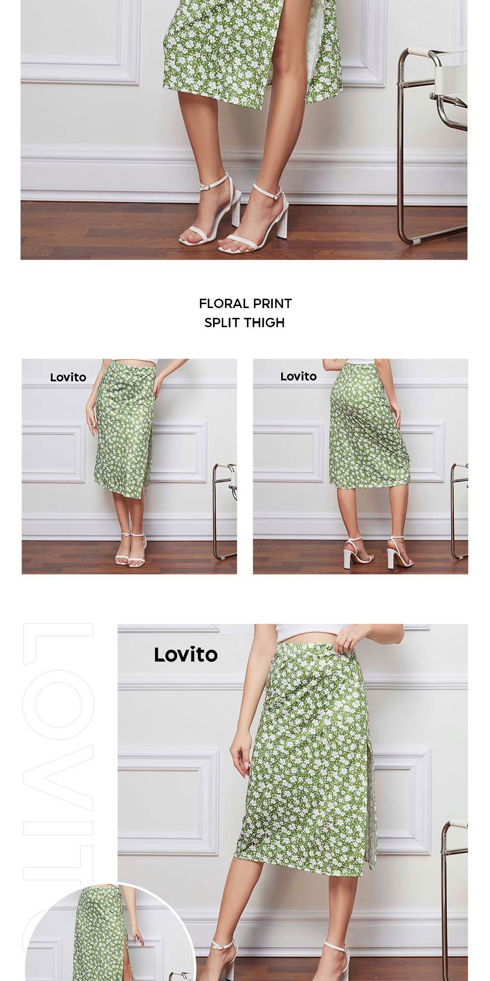 Lovito Cute Floral Print Split Thigh Women Skirts L Green Blue