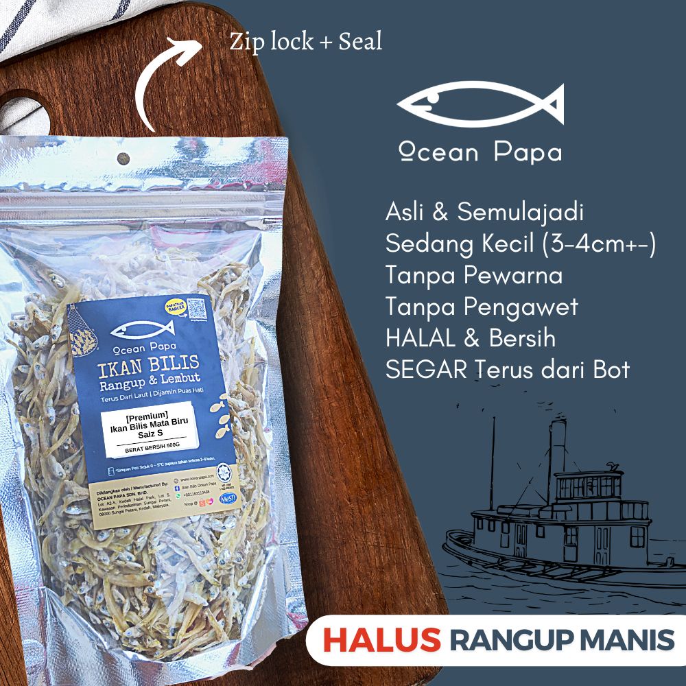 Ocean Papa Ikan Bilis Mata Biru Saiz S Gred AAA A Belum Kopek Rangup