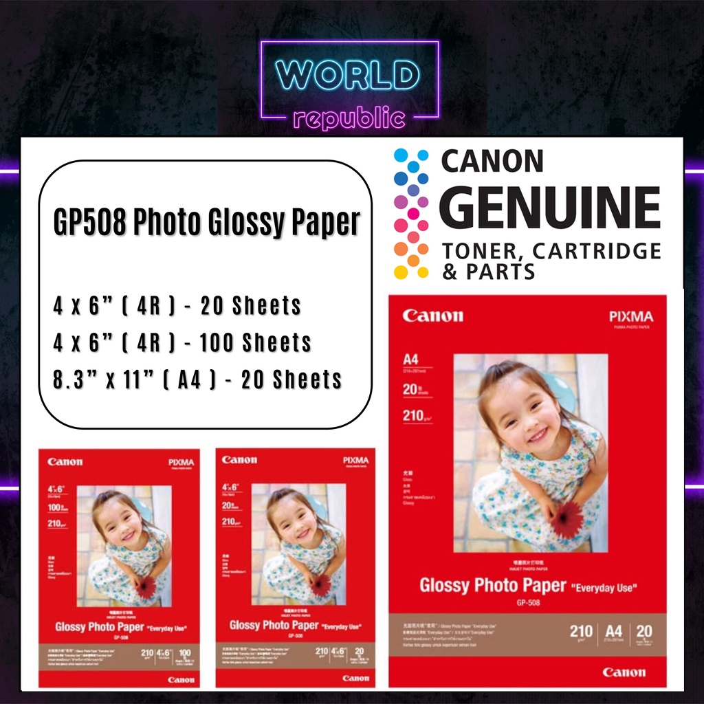 Canon GP 508 GP508 Glossy Photo Paper 4R 20 Sheets 4R 100 Sheets A4