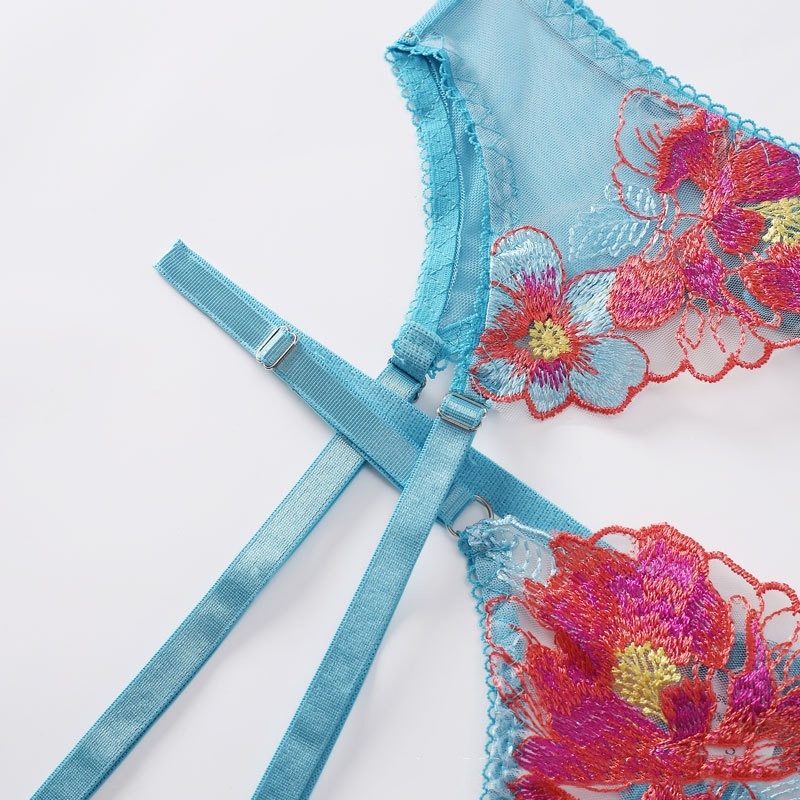 4 Pieces Set Women Sexy Embroider Sensual Lingerie Underwear Lace